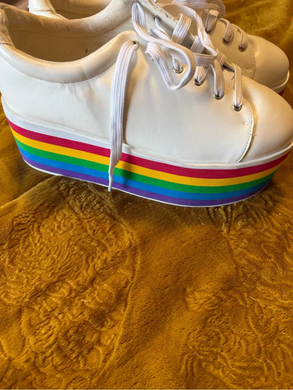 White Platform Sneakers with Rainbow Stripe
